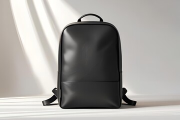 A matte black backpack shown from the front view, placed on a seamless white background, soft diffused lighting highlighting the backpack’s shape and texture.