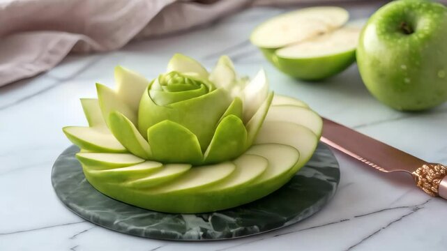 Green apple carved in lotus flower shape on marble cutting board for detox  