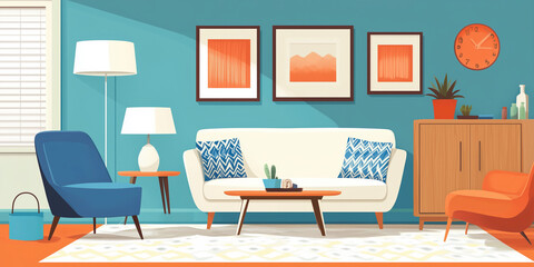 Orangefarbene und blaue Sessel und ein weißes Sofa vor einem Holzschrank. Skandinavisches Innendesign eines modernen Wohnzimmers.