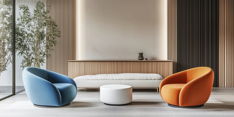 Orangefarbene und blaue Sessel und ein weißes Sofa vor einem Holzschrank. Skandinavisches Innendesign eines modernen Wohnzimmers.