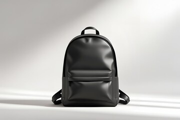 A matte black backpack shown from the front view, placed on a seamless white background, soft diffused lighting highlighting the backpack’s shape and texture.