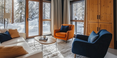 Orangefarbene und blaue Sessel und ein weißes Sofa vor einem Holzschrank. Skandinavisches Innendesign eines modernen Wohnzimmers.