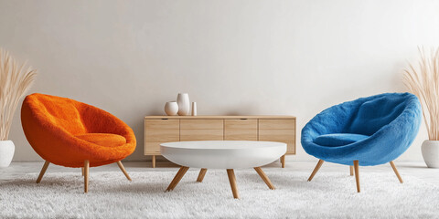 Orangefarbene und blaue Sessel und ein weißes Sofa vor einem Holzschrank. Skandinavisches Innendesign eines modernen Wohnzimmers.