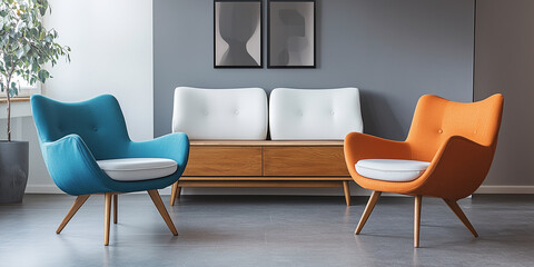 Orangefarbene und blaue Sessel und ein weißes Sofa vor einem Holzschrank. Skandinavisches Innendesign eines modernen Wohnzimmers.
