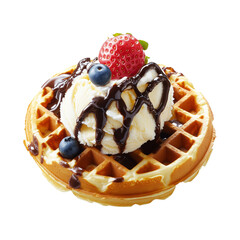 Waffle topped with vanilla ice cream, chocolate syrup, raspberry, and blueberries isolated on white background