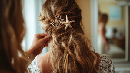 Fototapeta premium Bride getting hair done with starfish clip and flower accessory from behind in wedding preparation