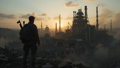 Fototapeta premium A resistance fighter overlooking a destroyed robotic factory at sunset — silhouette shot, dust in the air, heroic tone. 