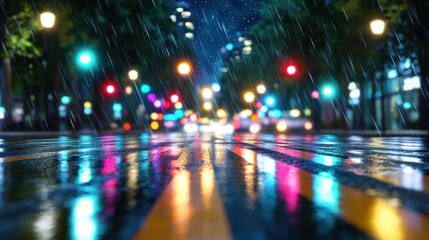 Rainy city street at night, vibrant lights reflecting on wet pavement