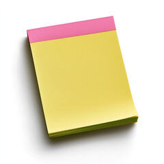 Yellow sticky note pad with pink top edge, isolated on white background, office supply, blank, simple design