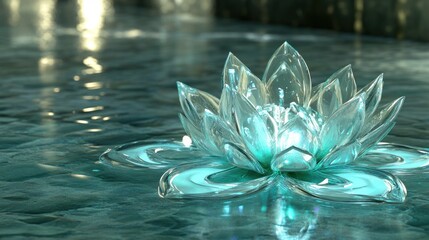 Glowing crystal lotus on teal water