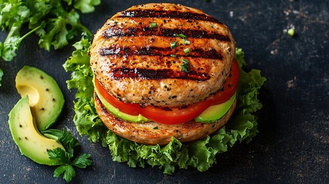 A grilled chicken patty topped with a slice of tomato and avocado, all nestled between lettuce leaves on a dark rustic background - Powered by Adobe