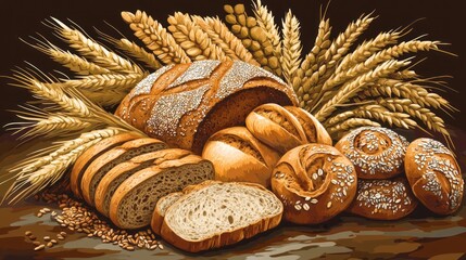 Still life of various breads and wheat stalks