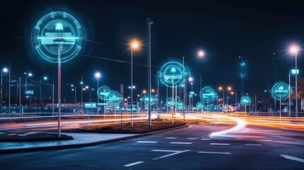 Night city street with futuristic, glowing signs on lampposts. Blurry car trails show traffic flow