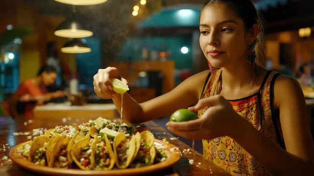 Teenager girl squeezing lime on delicious tacos in vibrant restaurant setting at dinner time, Teenager girl closeup squeezing lime on tacos food dish in mexican cuisine restaurant