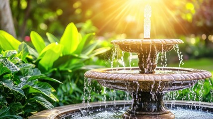 Sunlight streams onto a tiered garden fountain. Lush greenery surrounds it