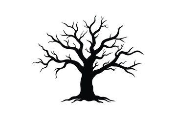 Silhouette art illustration of a haunted tree with bare twisted branches.eps