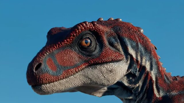 A large reddish brown dinosaur head fills the frame Its scales are prominent against a vivid clear blue sky The creature appears fierce and prehistoric