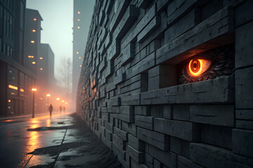 Glowing Eye Watching Through Wall in Mysterious Urban Street at Night