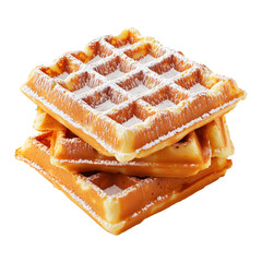 Stack of golden brown waffles sprinkled with powdered sugar, isolated on white transparent background