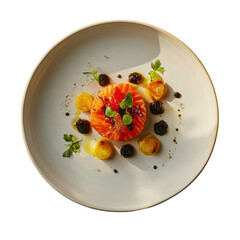 Salmon tartare and potato medallion with herb garnish plate