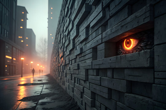 Glowing Eye Watching Through Wall in Mysterious Urban Street at Night