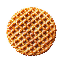 Caramel stroopwafel with crisp texture shown from top view isolated on white background representing sweet snack concept