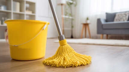 A bright, yellow bucket and a mop symbolize the routine of domestic chores in a clean living space. The scene evokes the daily ritual of housekeeping.