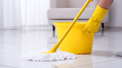 A detailed photo captures the essence of house cleaning with a hand in yellow gloves. holding a mop over a bright and fresh floor alongside a yellow bucket.