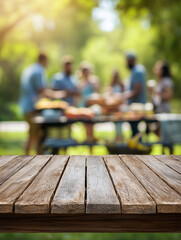 A blurred, inviting wooden tabletop forms the foreground, perfectly framing the joyous scene of a summertime picnic, showcasing the beauty of a gathering. 