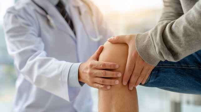 A doctor examines the knee of a patient in this impactful scene, conveying the core of medical expertise, depicting health and healing. The scene, focused on the patient's well-being. - Powered by Adobe