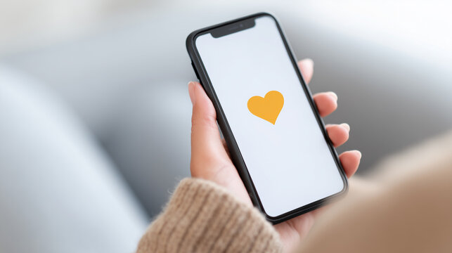 A person holds a smartphone, displaying a heart symbol on its screen, symbolizing modern communication, social interaction, and the digital age.