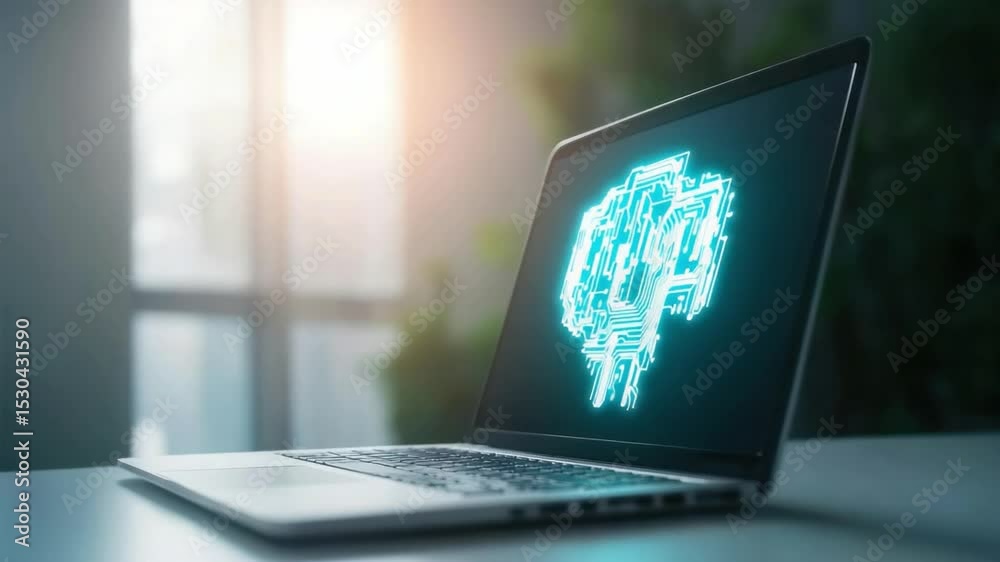 Poster brainwave technology: an open laptop displays a luminous brain graphic on its screen, symbolizing th