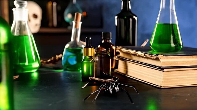 Spooky potion setup with green liquids in glass bottles, skull, books, and a spider creates an eerie, mystical alchemy scene.