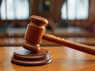A close-up of a judge’s wooden gavel resting on a sound block in a modern courtroom setting.