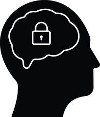 Vector graphic illustration of a fixed mindset icon showing a person's head with a locked brain. Ideal for educational, psychology, self growth, business, or other related presentations. Solid style.