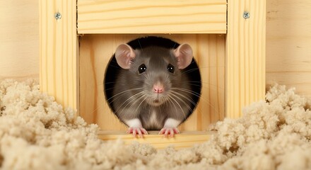 Obraz premium A Cute Pet Rat Peeking Out of Wooden House in Soft Bedding – Adorable Rodent in Cozy Habitat