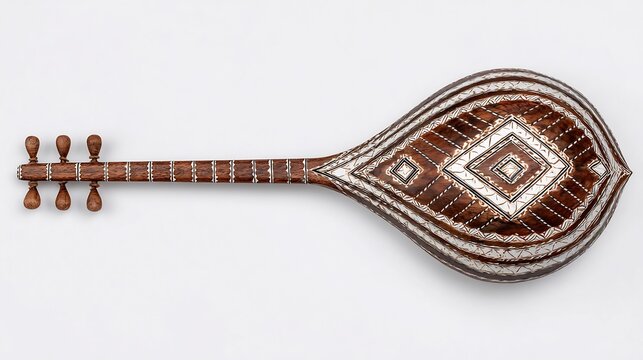 Ornate, decorative stringed instrument with inlaid silver detailing.