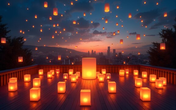 Rooftop celebration with glowing lanterns promoting wonder and joy concept. High quality