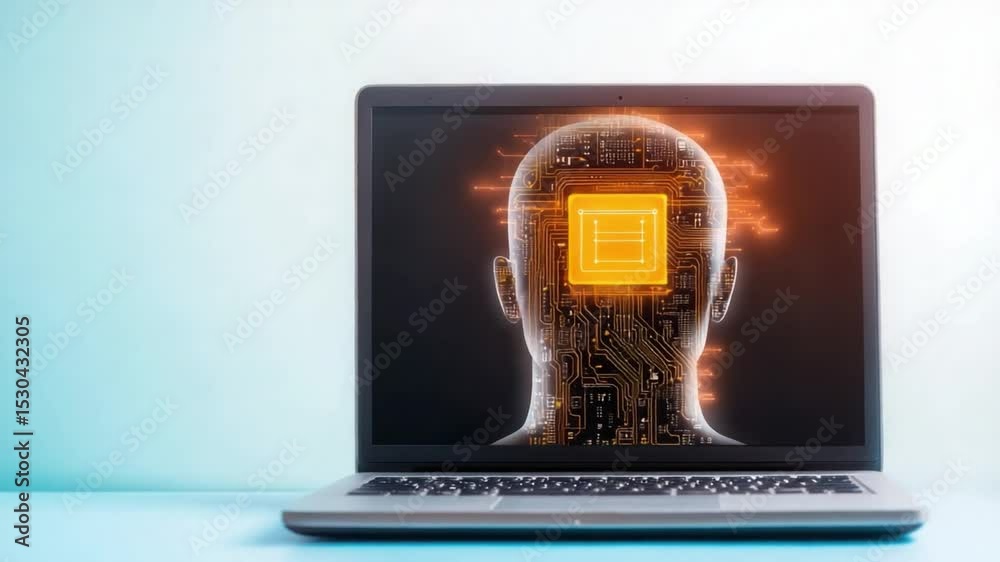 Poster ai integration: conceptual view of technology and artificial intelligence seamlessly merging. a lapt