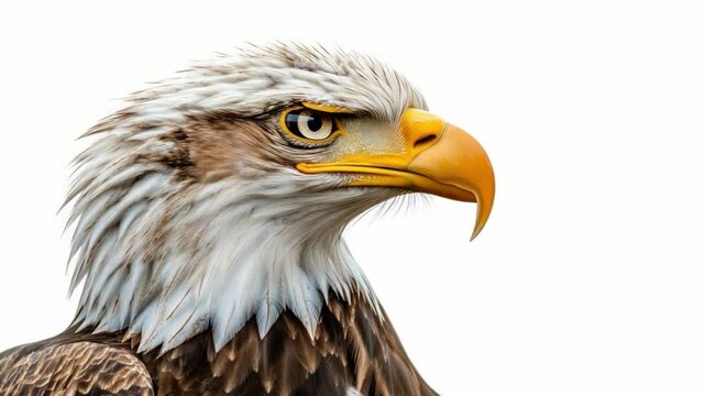Majestic Eagle: A striking close-up captures the regal presence of a bald eagle, showcasing its sharp, focused gaze and powerful beak against a simple background.