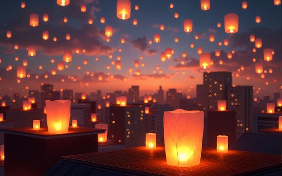 Rooftop celebration with glowing lanterns promoting wonder and joy concept. High quality