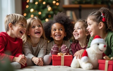 Joyful children surrounded by plush Christmas toys and gifts smile and laugh in a heartwarming holiday setting. High quality