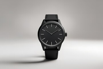 A matte black wristwatch shown from the front view, placed on a seamless white background, soft diffused lighting highlighting the watch’s shape and texture.