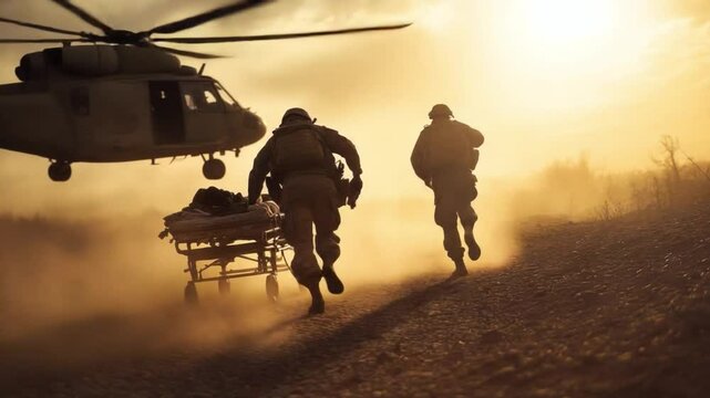 Emergency Rescue in Action: Two soldiers in silhouette sprint towards a waiting medical helicopter carrying a stretcher, dust swirling around their feet as they race against time