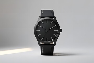 A matte black wristwatch shown from the front view, placed on a seamless white background, soft diffused lighting highlighting the watch’s shape and texture.