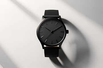 A matte black wristwatch shown from the front view, placed on a seamless white background, soft diffused lighting highlighting the watch’s shape and texture.
