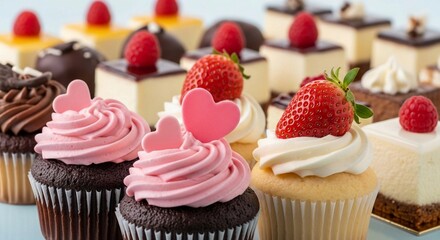 Artfully arranged decadent mini desserts and frosted cupcakes, ideal for any celebration.
