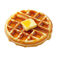 Golden waffle topped with melting butter and sweet syrup, isolated on white transparent background, concept of breakfast