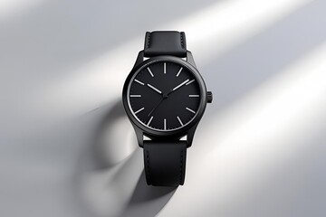 A matte black wristwatch shown from the front view, placed on a seamless white background, soft diffused lighting highlighting the watch’s shape and texture.
