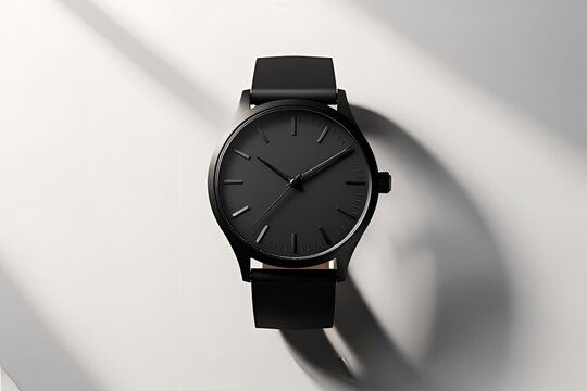 A matte black wristwatch shown from the front view, placed on a seamless white background, soft diffused lighting highlighting the watch’s shape and texture.